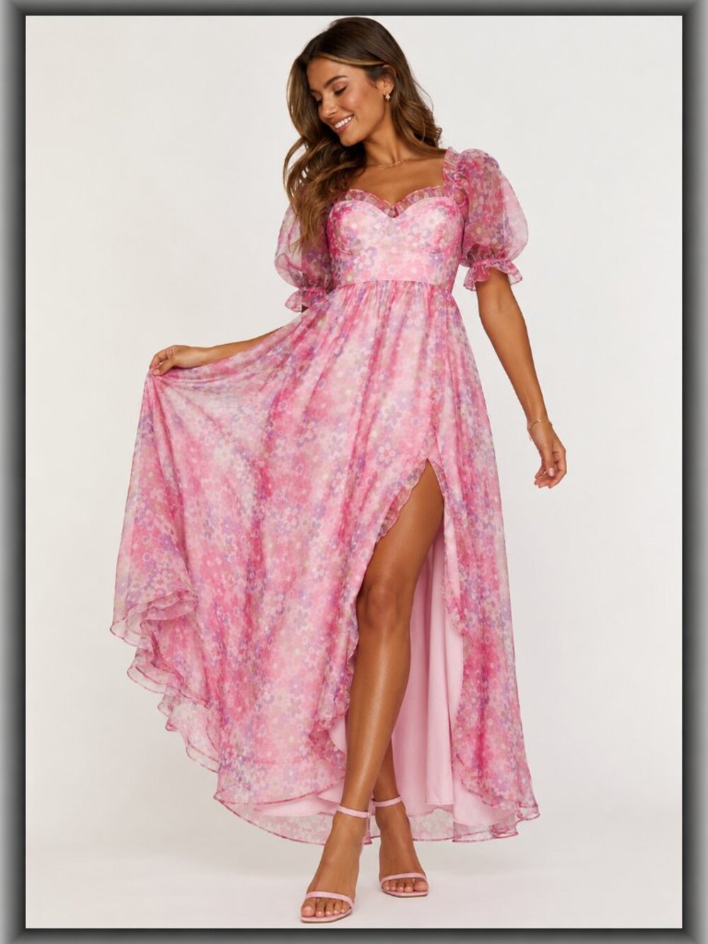 Dolls Kill Sugar Thrillz Pink Floral Organza Puff Sleeve Maxi Dress M Retro 60s